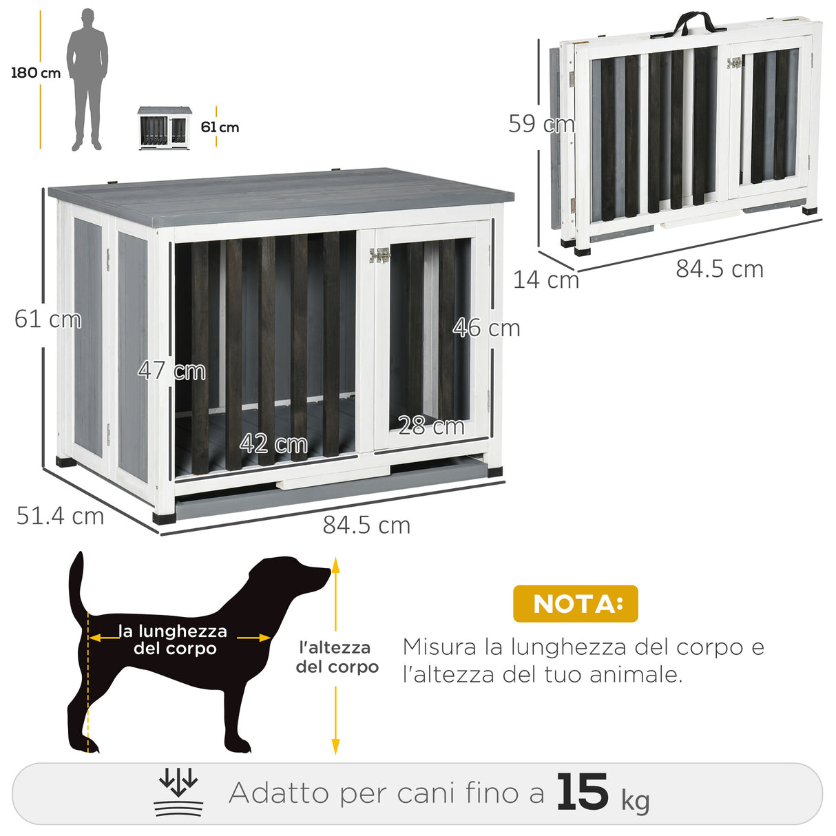 easycomfort easycomfort gabbia pieghevole per cani fino 15kg in legno con vassoio estraibile e tetto apribile grigio