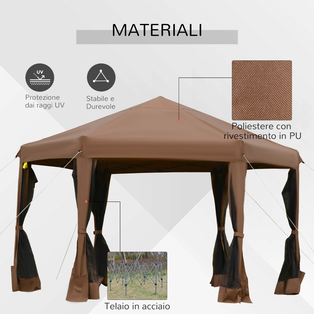 easycomfort easycomfort gazebo da giardino pieghevole con zanzariera struttura esagonale acciaio e poliestere 3 6x3 6x2 6m marrone ean 8055776915838