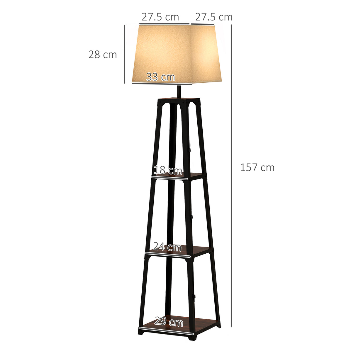easycomfort easycomfort lampada da terra in metallo e mdf a 3 ripiani con paralume in tessuto 42x166 cm nero e beige