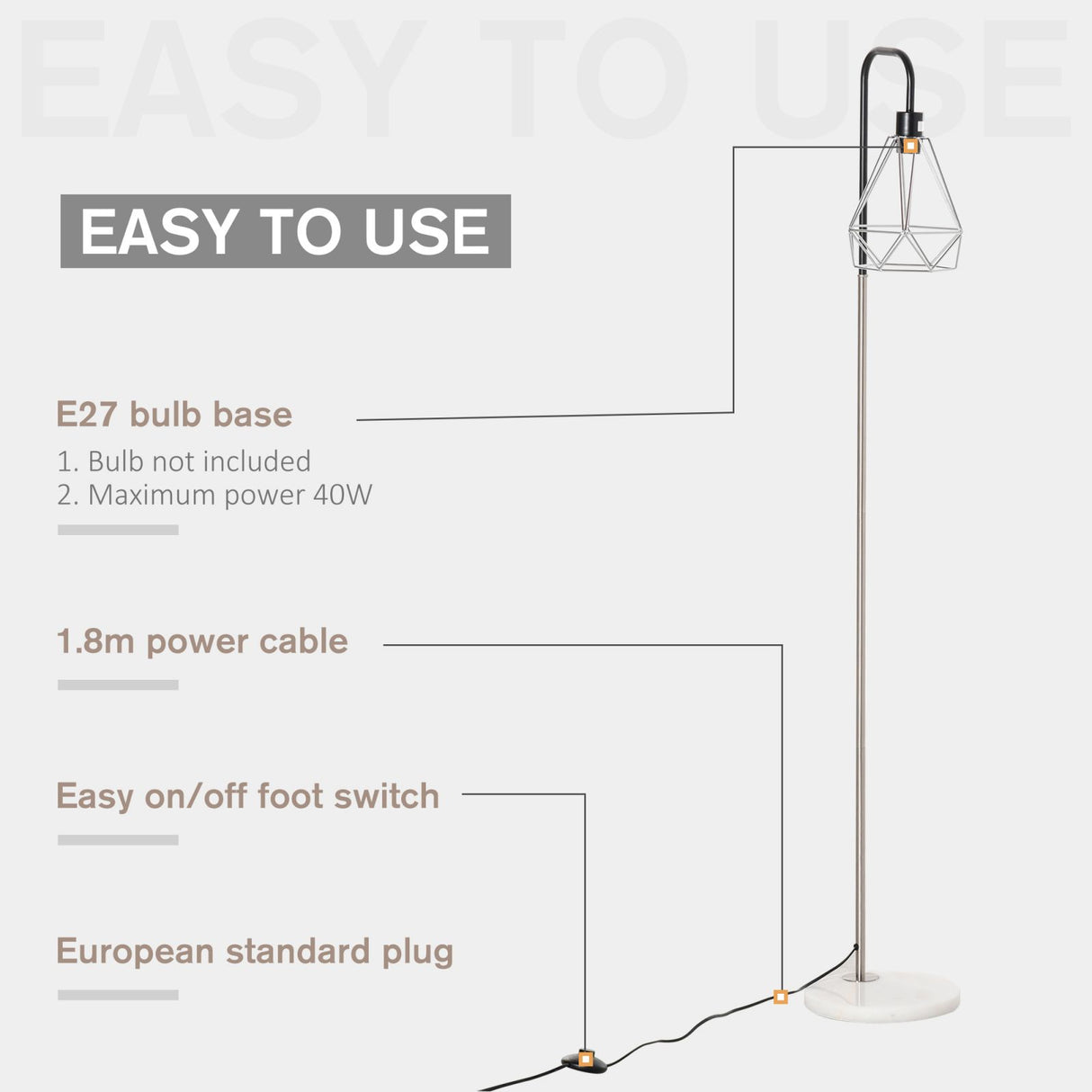 easycomfort easycomfort lampada da terra moderna paralume in filo metallico palo in metallo e base in marmo 25x152cm nero argento bianco ean 8054144136356