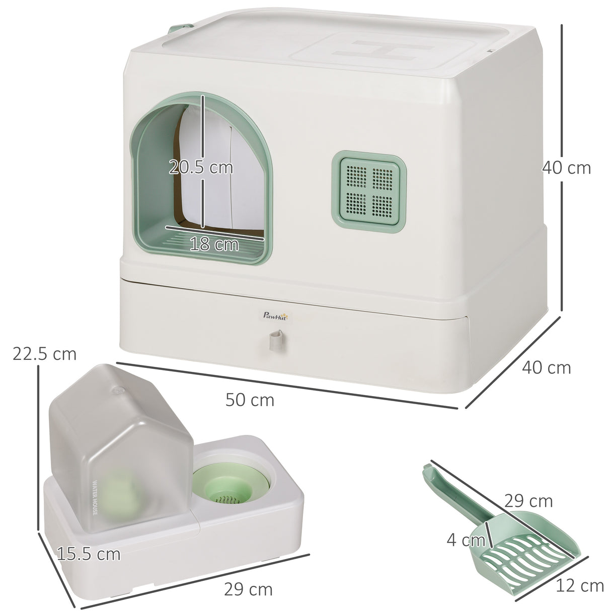 easycomfort easycomfort lettiera coperta per gatti e fontanella vassoio e paletta 50x40x40cm verde e bianca