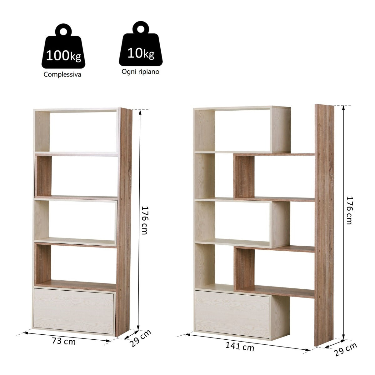 easycomfort easycomfort libreria scaffale a ripiani salvaspazio 2 pezzi in legno 141 x 29 x 176 cm carico max 100kg bianco rovere