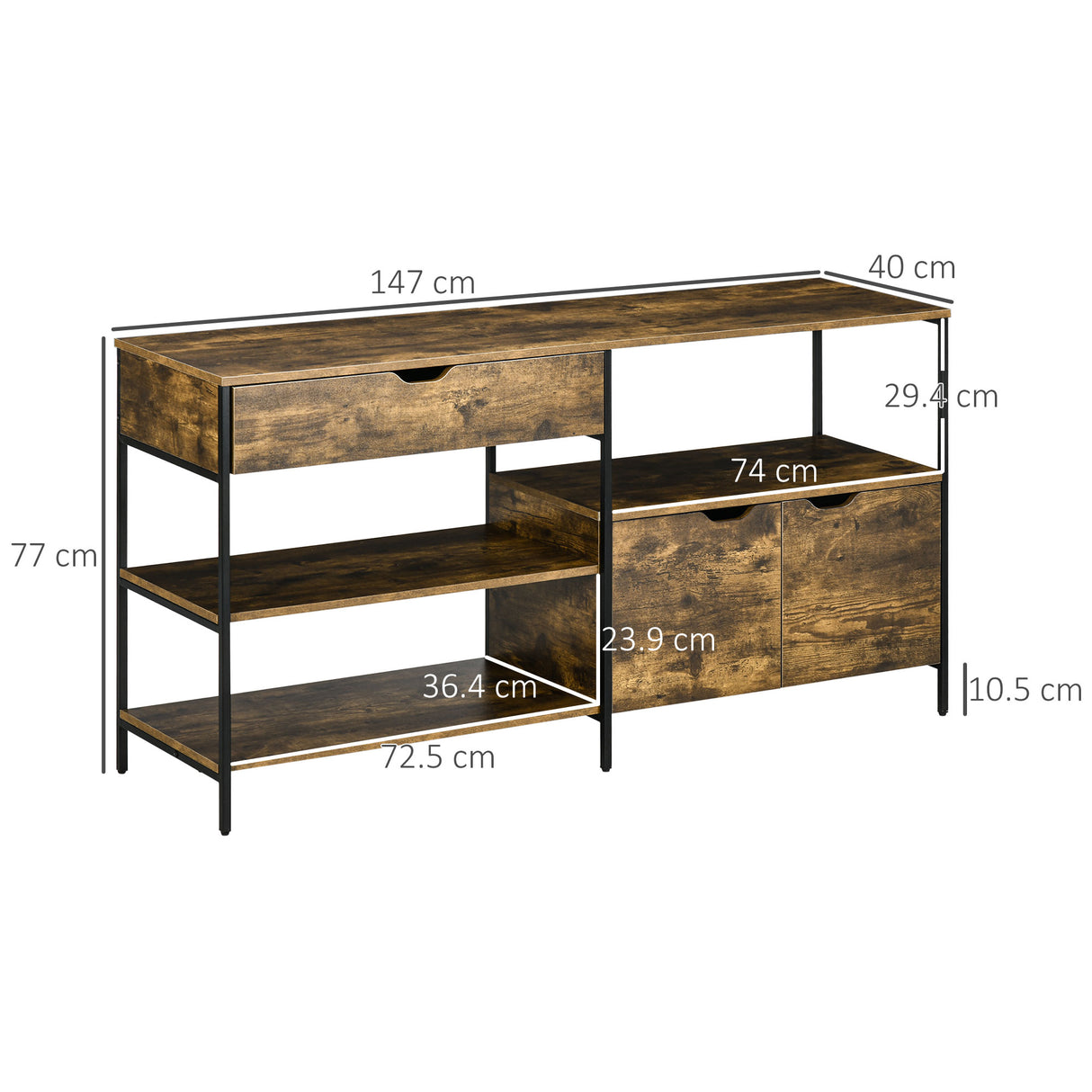 easycomfort easycomfort mobile in stile industriale con cassetto e armadietto in legno e acciaio 147x40x77cm marrone