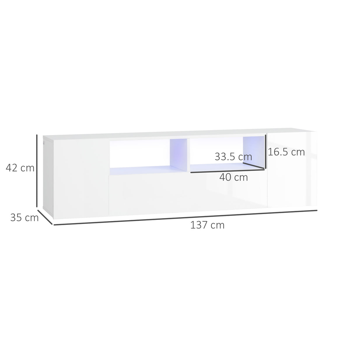 easycomfort easycomfort mobile tv 60 max in truciolato con 3 ripiani 2 armadietti e luci led 137x35x42 cm bianco lucido