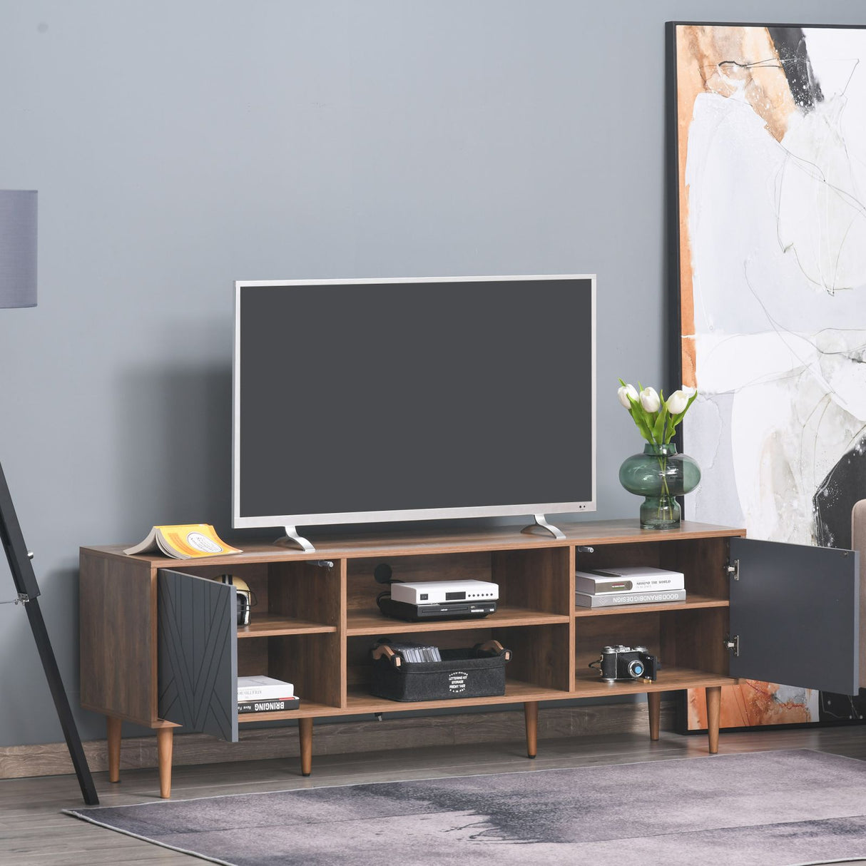 easycomfort easycomfort mobile tv per salotto con 2 armadietti con anta e mensole per tv fino 60 160x39 5x55cm teak e grigio ean 8054144137407