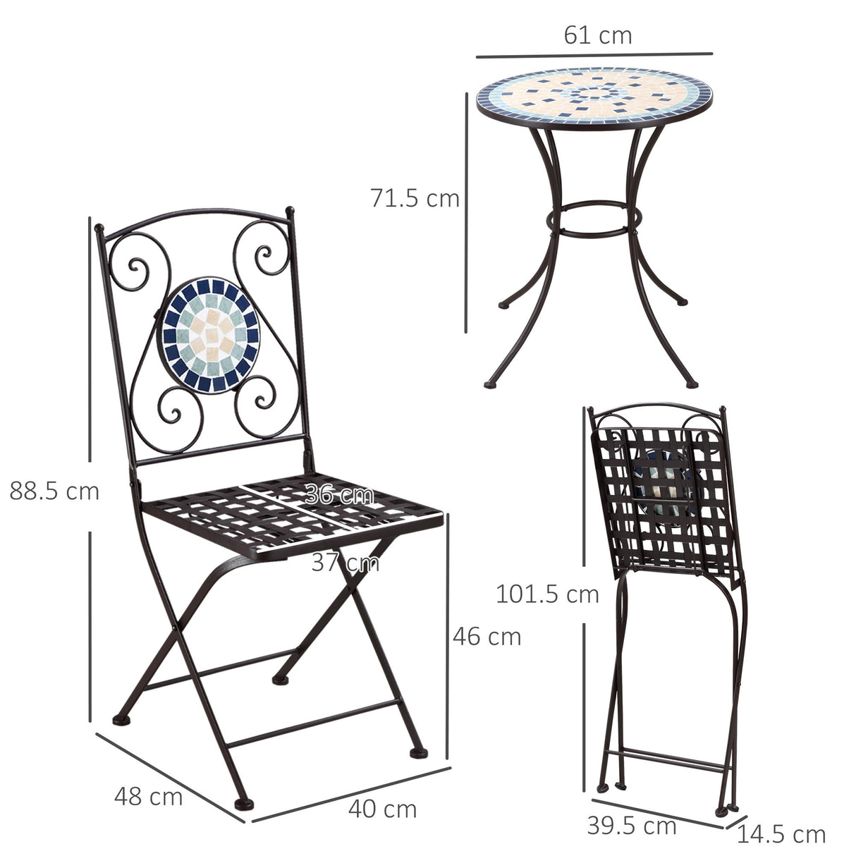 easycomfort easycomfort mobili da giardino set 3 pezzi con 2 sedie pieghevoli e 1 tavolino rotondo in metallo e ceramica