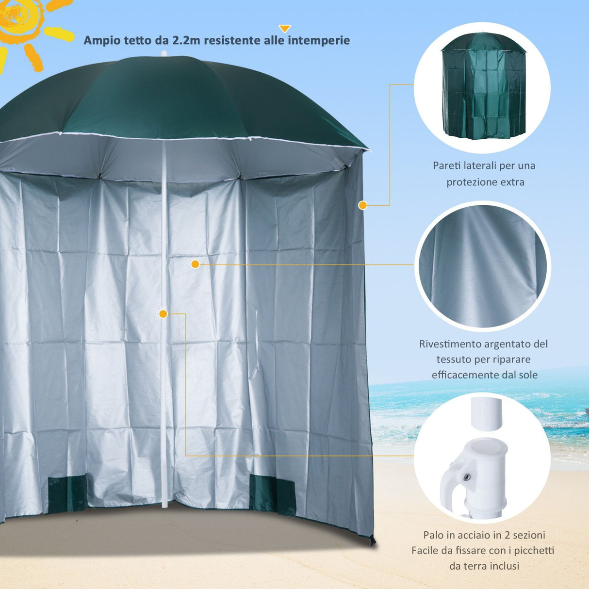 easycomfort easycomfort ombrellone da spiaggia e da giardino 220cm con tenda parasole poliestere e metallo verde scuro e bianco ean 8054111842105