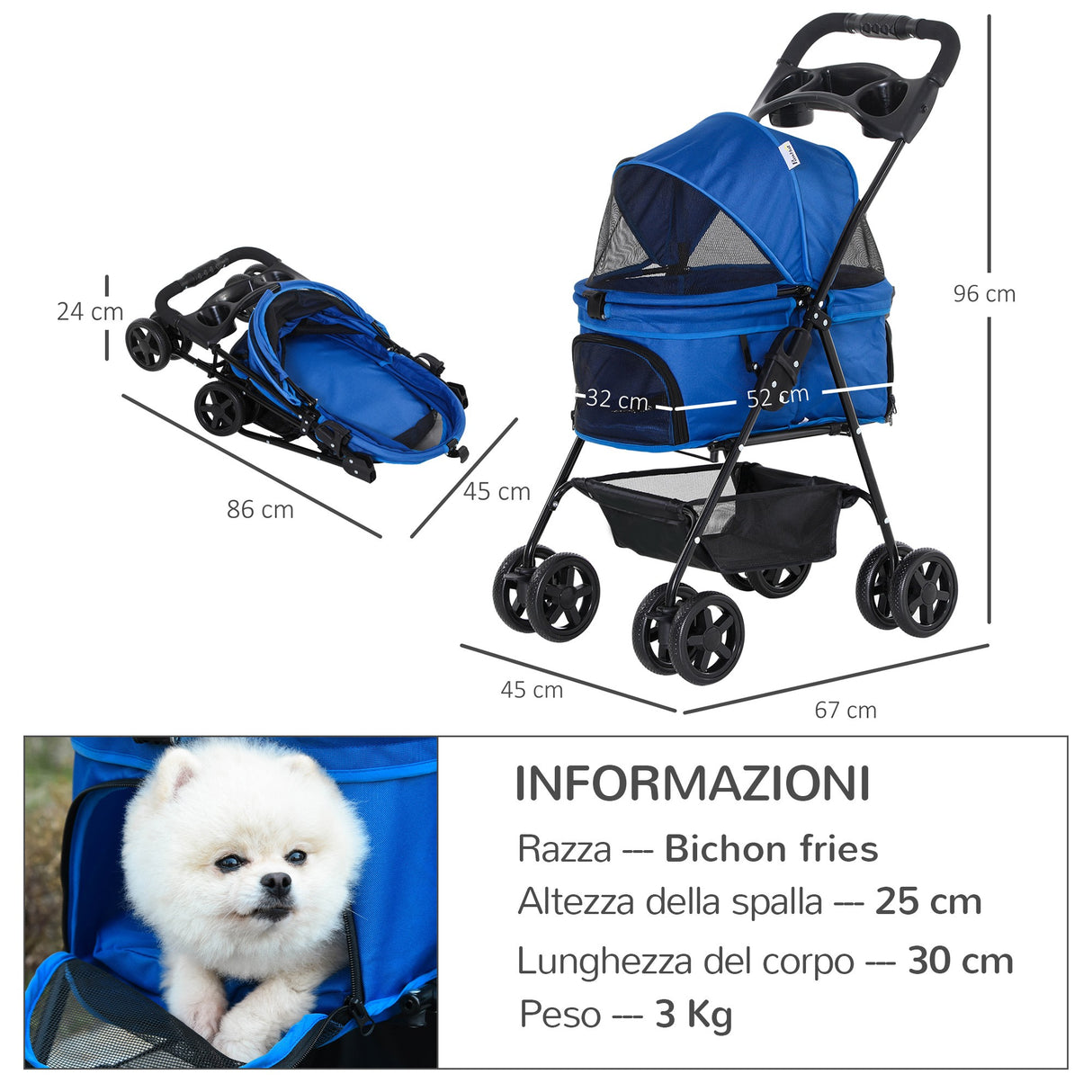 easycomfort easycomfort passeggino per cani pieghevole con guinzaglio di sicurezza e cestino portaoggetti blu