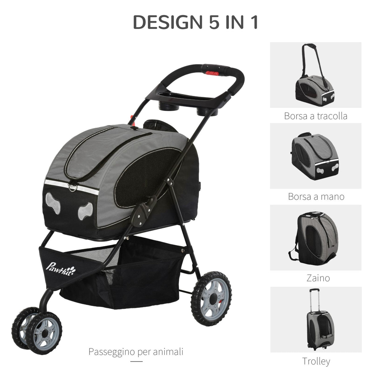 easycomfort easycomfort passeggino pieghevole per cani e gatti con trasportino staccabile nero e grigio