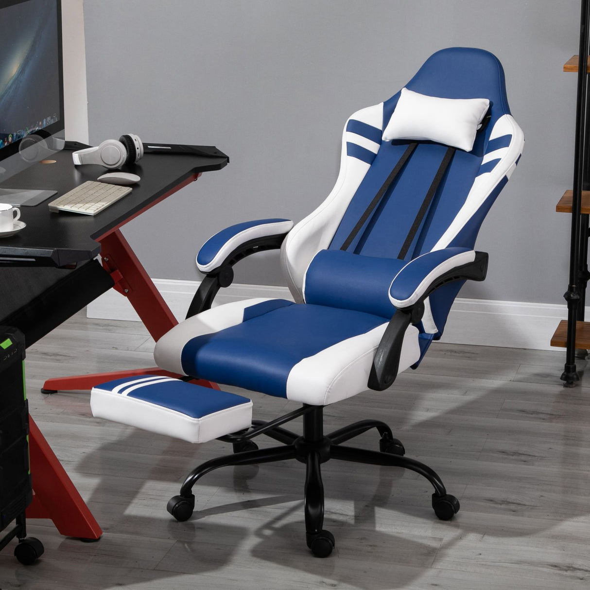 easycomfort easycomfort poltrona gaming e da ufficio in similpelle blu e bianca reclinabile e con poggiapiedi estraibile ean 8054144137018