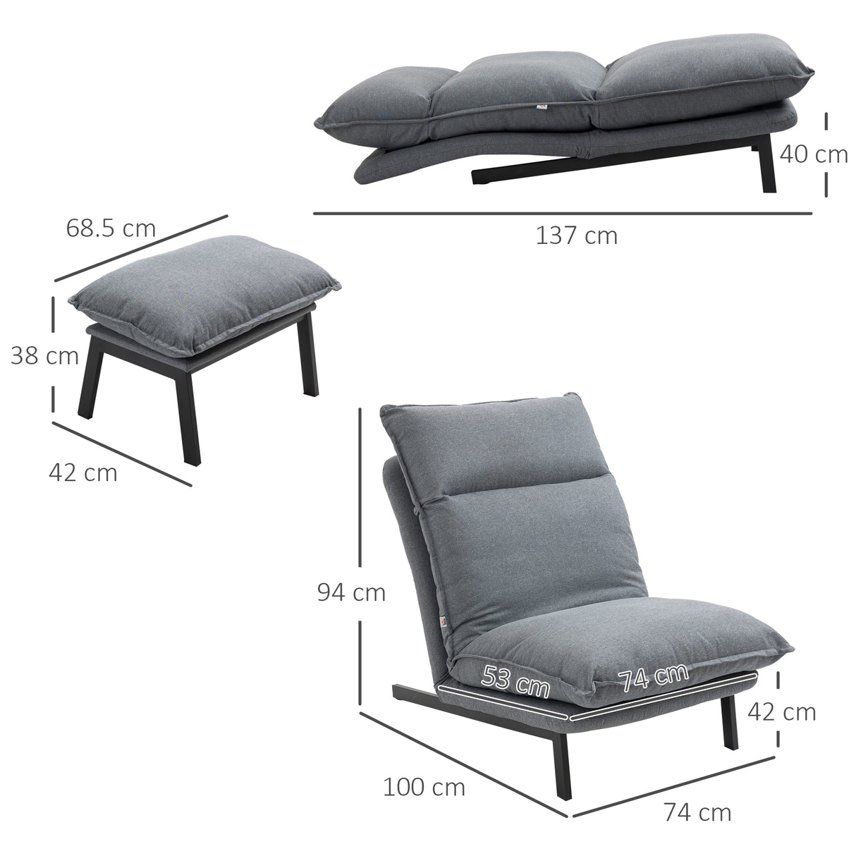 easycomfort easycomfort poltrona relax reclinabile a 4 livelli con pouf poggiapiedi in tessuto grigio chiaro