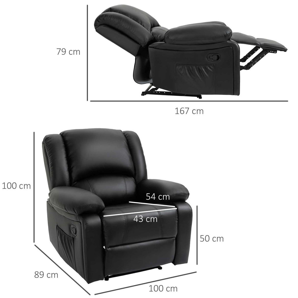 easycomfort easycomfort poltrona relax reclinabile con maniglia e tasche laterali 100x89x100cm nera