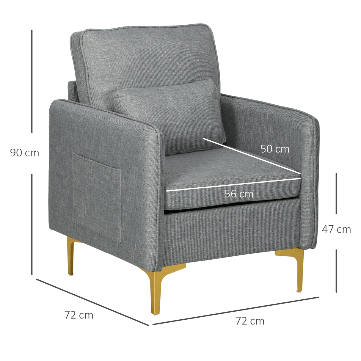 easycomfort easycomfort poltroncina moderna con tessuto effetto lino gambe in acciaio e tasche laterali 72x72x90cm grigio