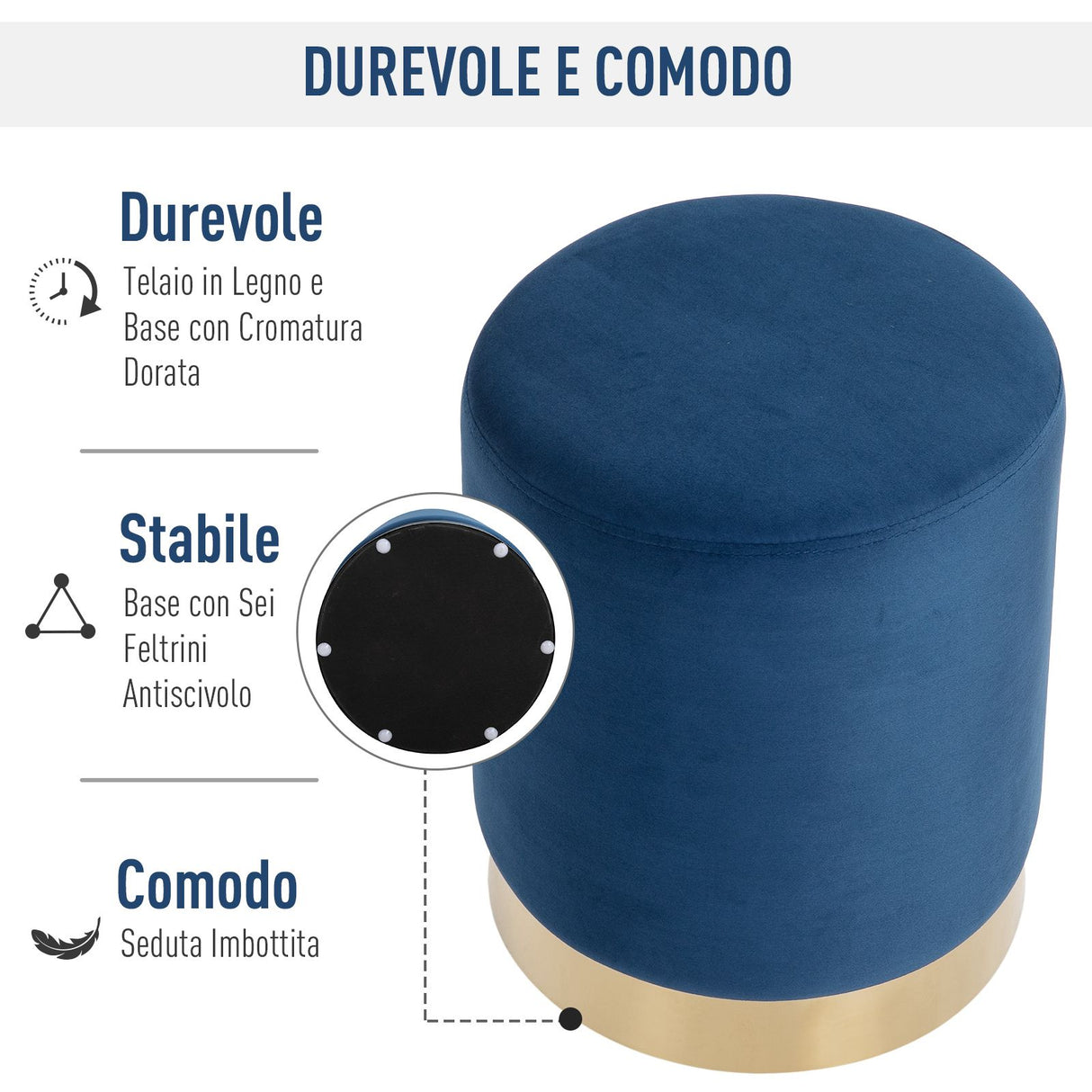 easycomfort easycomfort pouf poggiapiedi di design rotondo in velluto blu con base oro 36x42cm ean 8054144131054