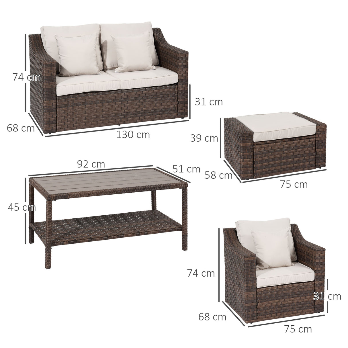easycomfort easycomfort salotto da esterni in rattan set 6 pz con divanetto da giardino poltrone e tavolino marrone