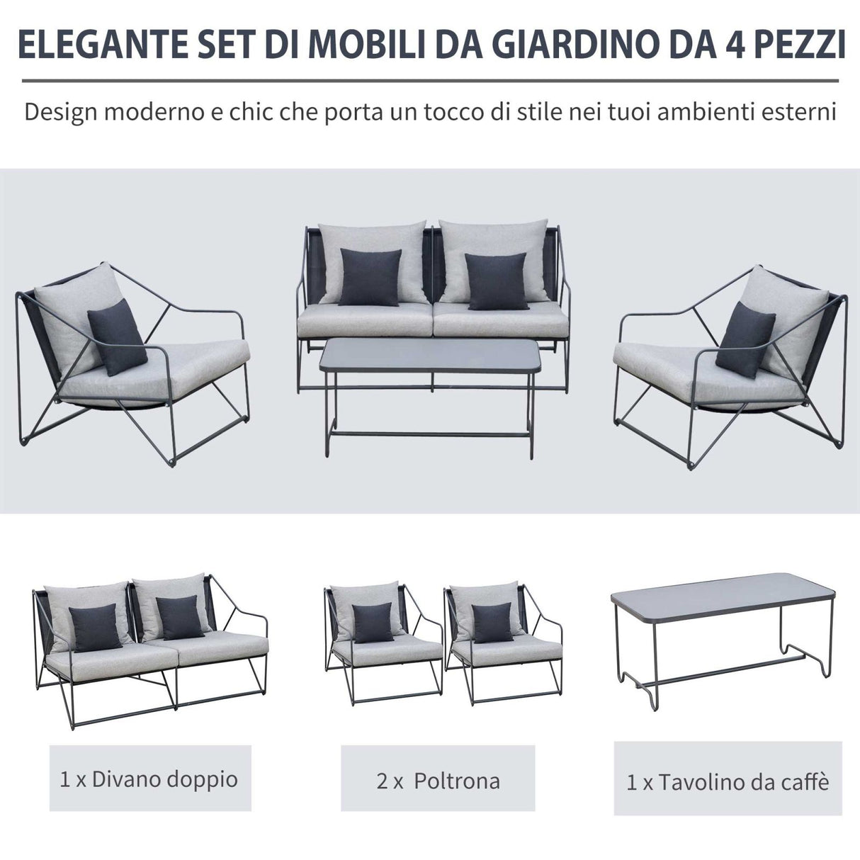 easycomfort easycomfort salotto da giardino set divano da esterno e poltrone con tavolino grigio e nero