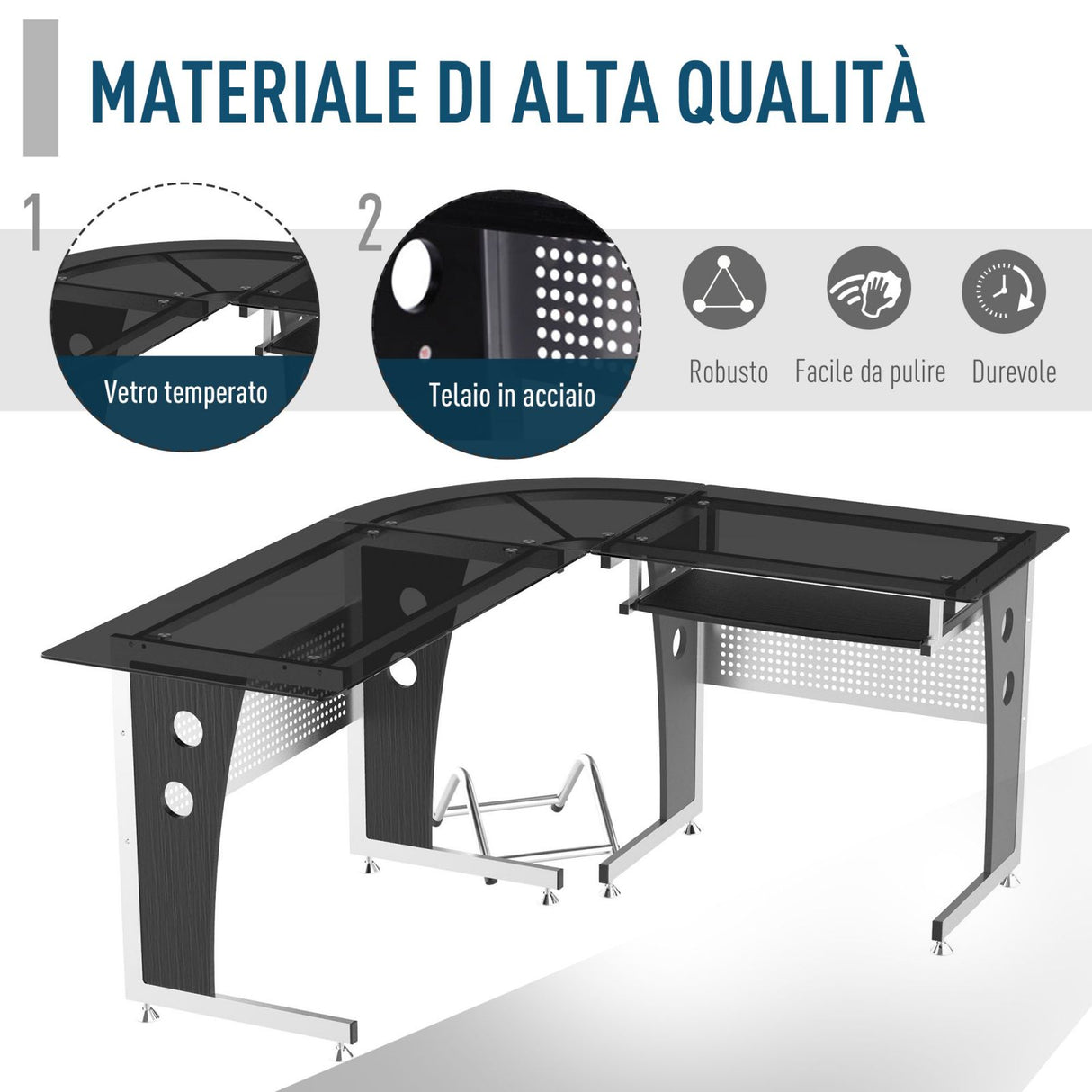 easycomfort easycomfort scrivania ad angolo in legno mdf metallo e vetro nero 164 x 139 x 75cm ean 8054144138633