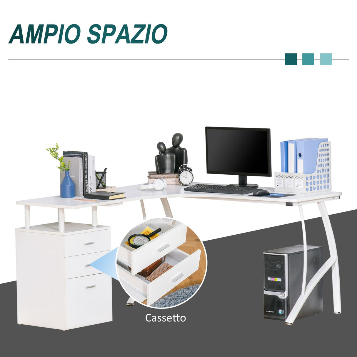 easycomfort easycomfort scrivania angolare con cassettiera scrivania ufficio porta pc in legno e metallo bianco 143 5x143 5x76cm