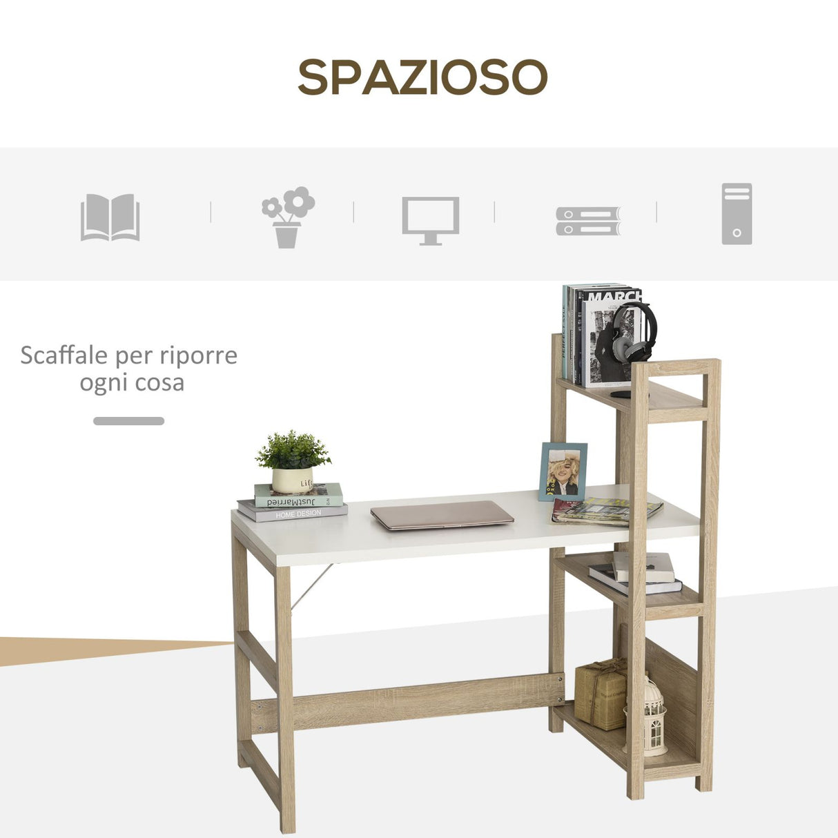 easycomfort easycomfort scrivania salvaspazio con libreria laterale e 3 ripiani in legno color rovere 120x67x120 5cm