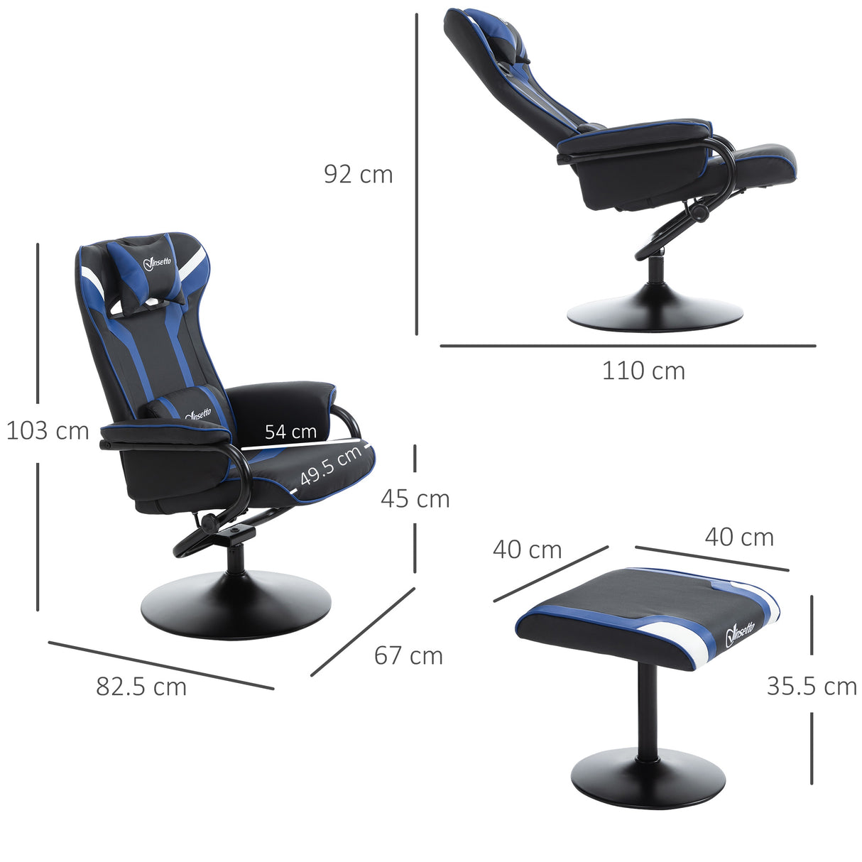 easycomfort easycomfort set 2 pezzi poltrona gaming reclinabile inclinabile a 130 con sgabello poggiapiedi nero e blu scuro