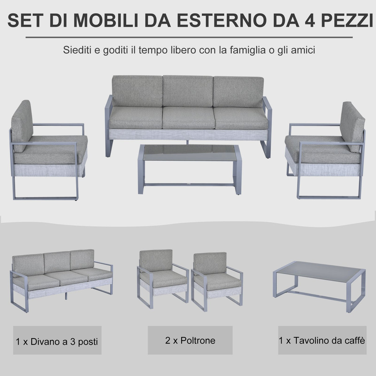 easycomfort easycomfort set 4 pezzi mobili da giardino con divano 3 posti 2 poltrone con cuscini e tavolino in alluminio e vetro grigio ean 8055776916620