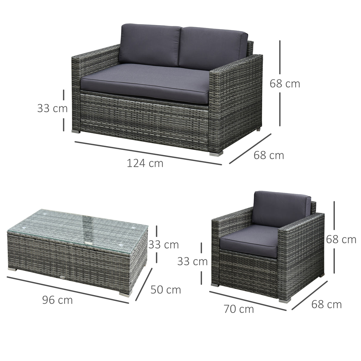 easycomfort easycomfort set da giardino 4 pezzi in rattan pe e acciaio con divano 2 poltrone e tavolino da caffe grigio
