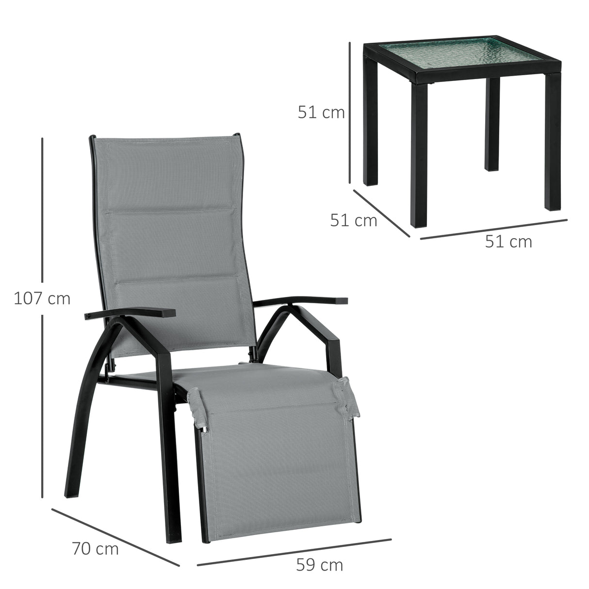 easycomfort easycomfort set da giardino con 2 sedie a sdraio reclinabili imbottite e tavolino in vetro grigio