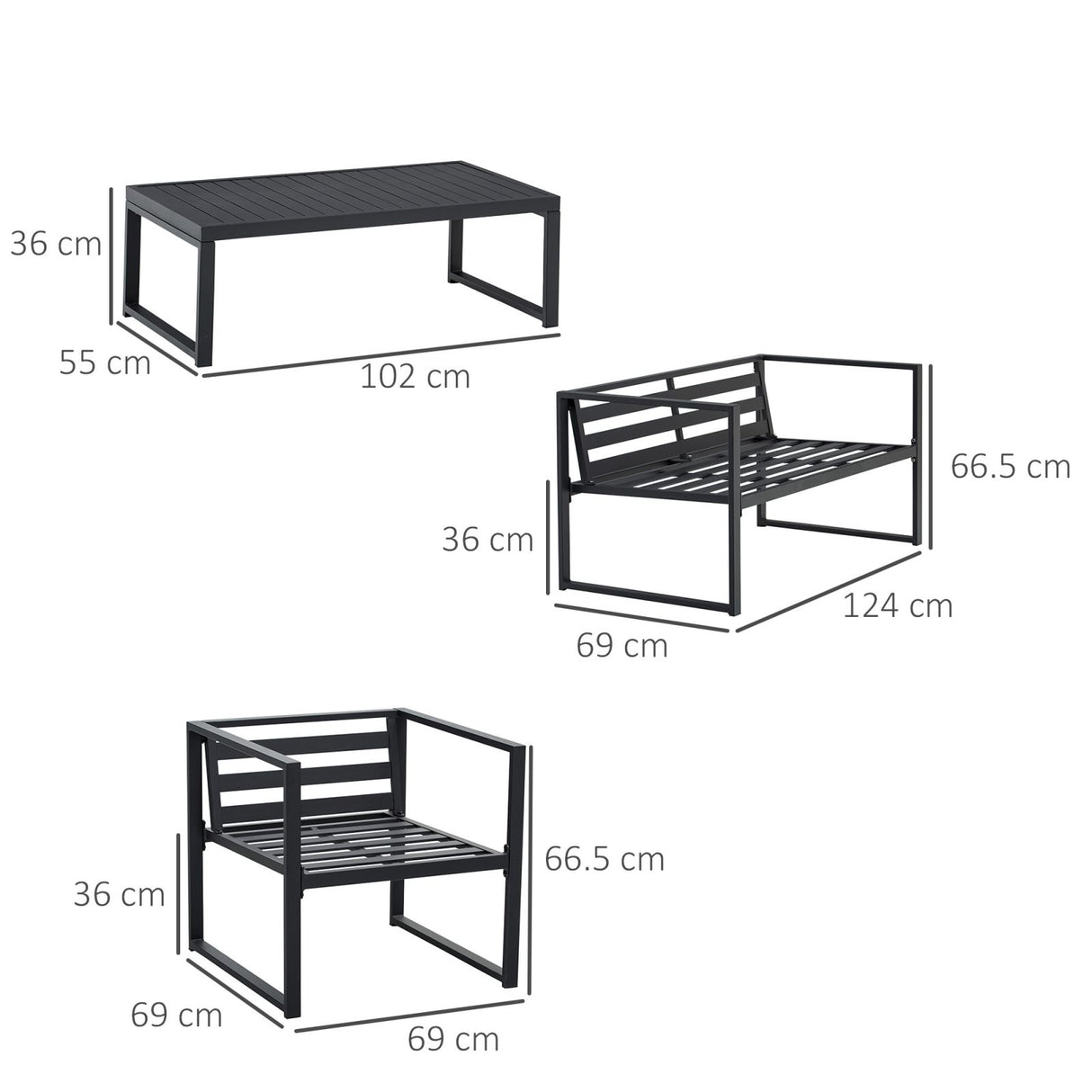 easycomfort easycomfort set mobili da giardino con divano 2 posti 2 poltrone e tavolino in alluminio con cuscini grigio e nero ean 8055776915517