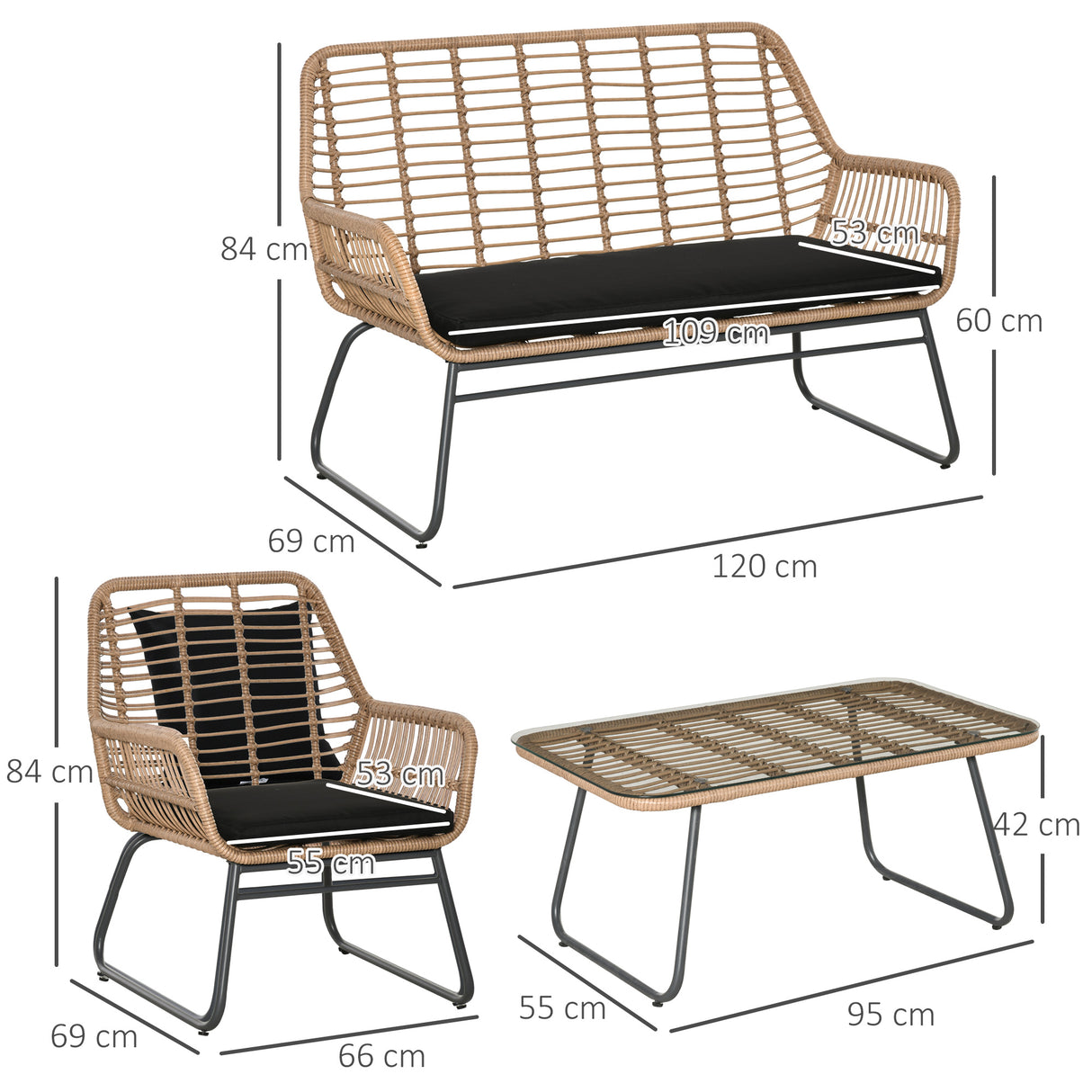 easycomfort easycomfort set mobili da giardino in rattan pe con 2 poltrone divanetto e tavolino con ripiano in vetro