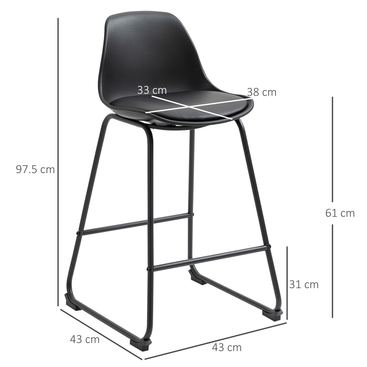 easycomfort easycomfort sgabelli da bar set 2 pezzi con imbottitura schienale e gambe a slitta in pu e acciaio 43x43x82 cm nero