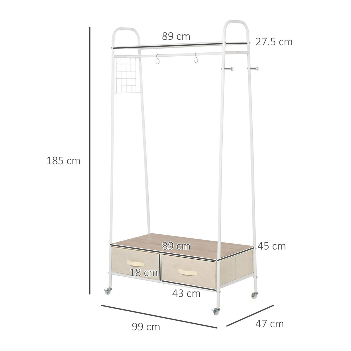 easycomfort easycomfort stand rella appendiabiti con 2 cassetti in metallo bianco e beige 99x47x185cm