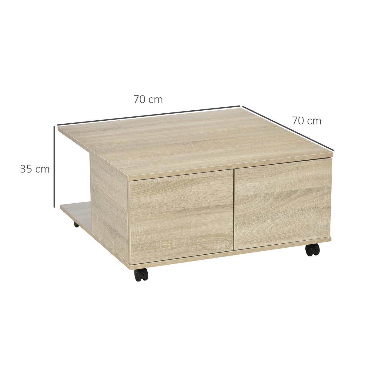 easycomfort easycomfort tavolino da caffe in legno con 2 cassetti 2 mensole e ruote con freno 70x70x35cm legno