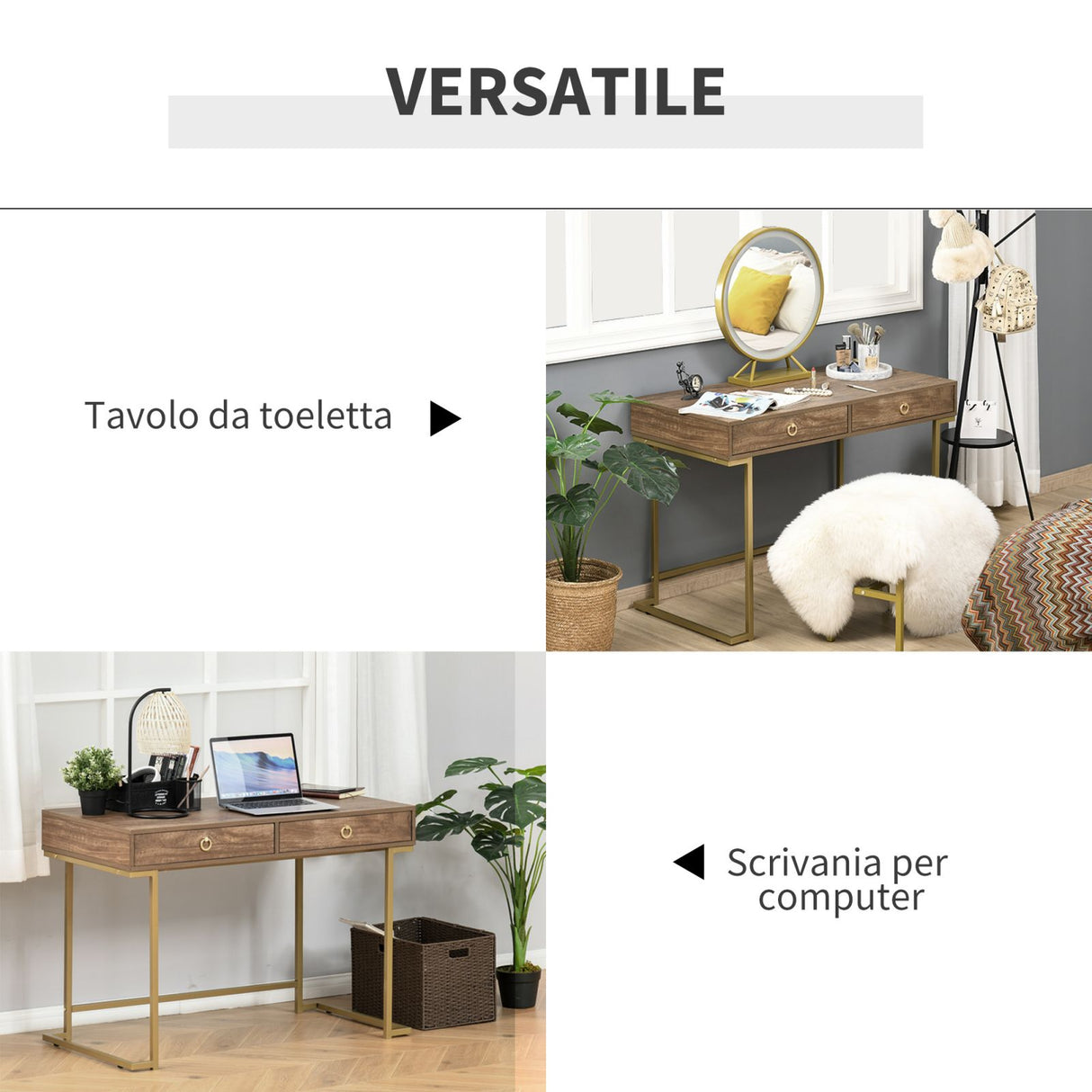 easycomfort easycomfort toeletta consolle con 2 cassetti in metallo e mdf 110x55x76cm marrone e oro