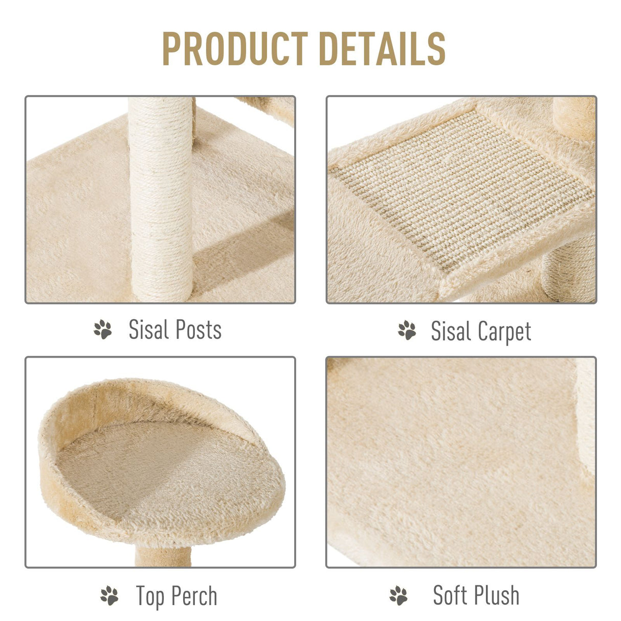 easycomfort easycomfort trespolo per gatti multilivello con tiragraffi in sisal con piattaforme e cuccia in peluche beige 50x50x100cm