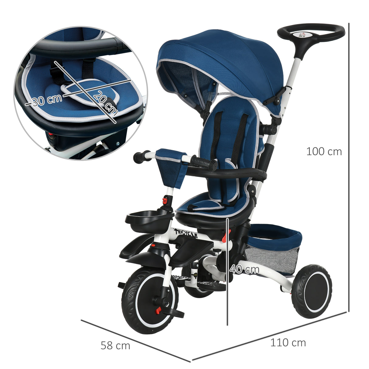 easycomfort easycomfort triciclo per bambini 12 50 mesi con maniglia di spinta tettuccio e poggiapiedi 110x58x100 cm blu e bianco