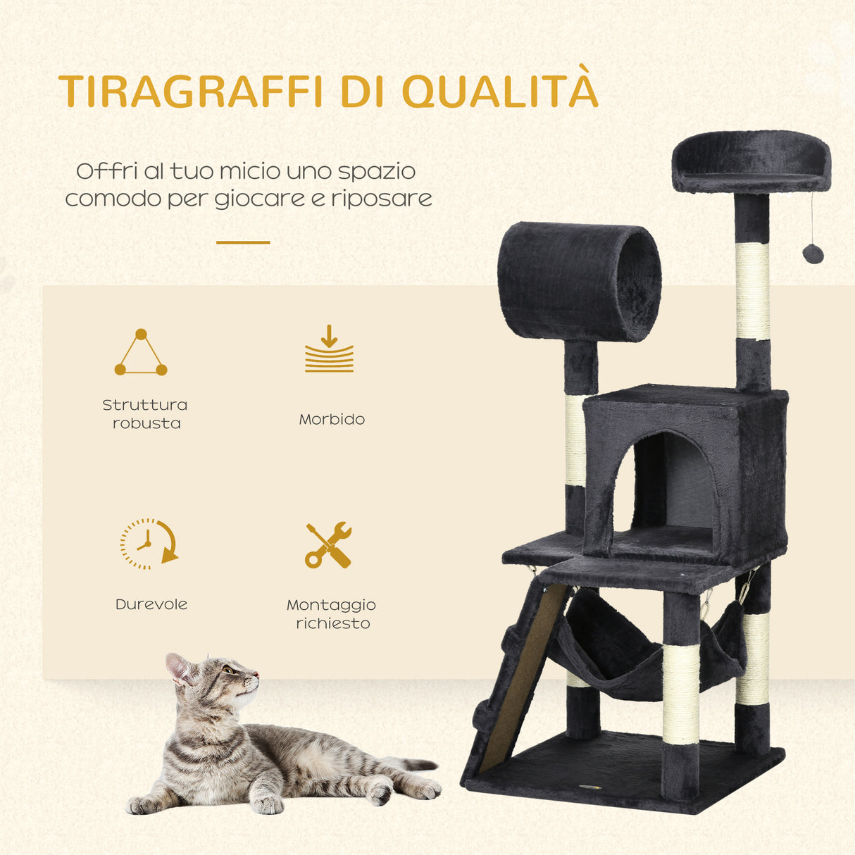 easycomfort easycomfort albero per gatti con tiragraffi per gatti casetta per gatti amaca letto tunnel e pallina 48x48 x125 cm grigio scuro