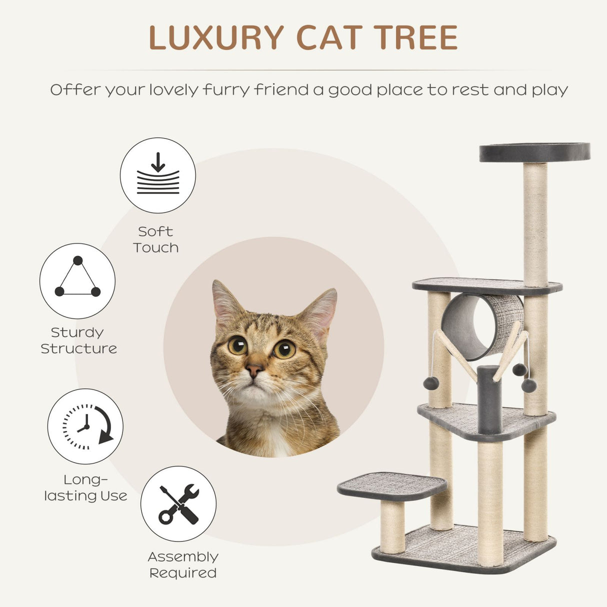 easycomfort easycomfort albero tiragraffi per gatti adulti e gattini da 130cm tunnel per gatti e pali in sisal grigio