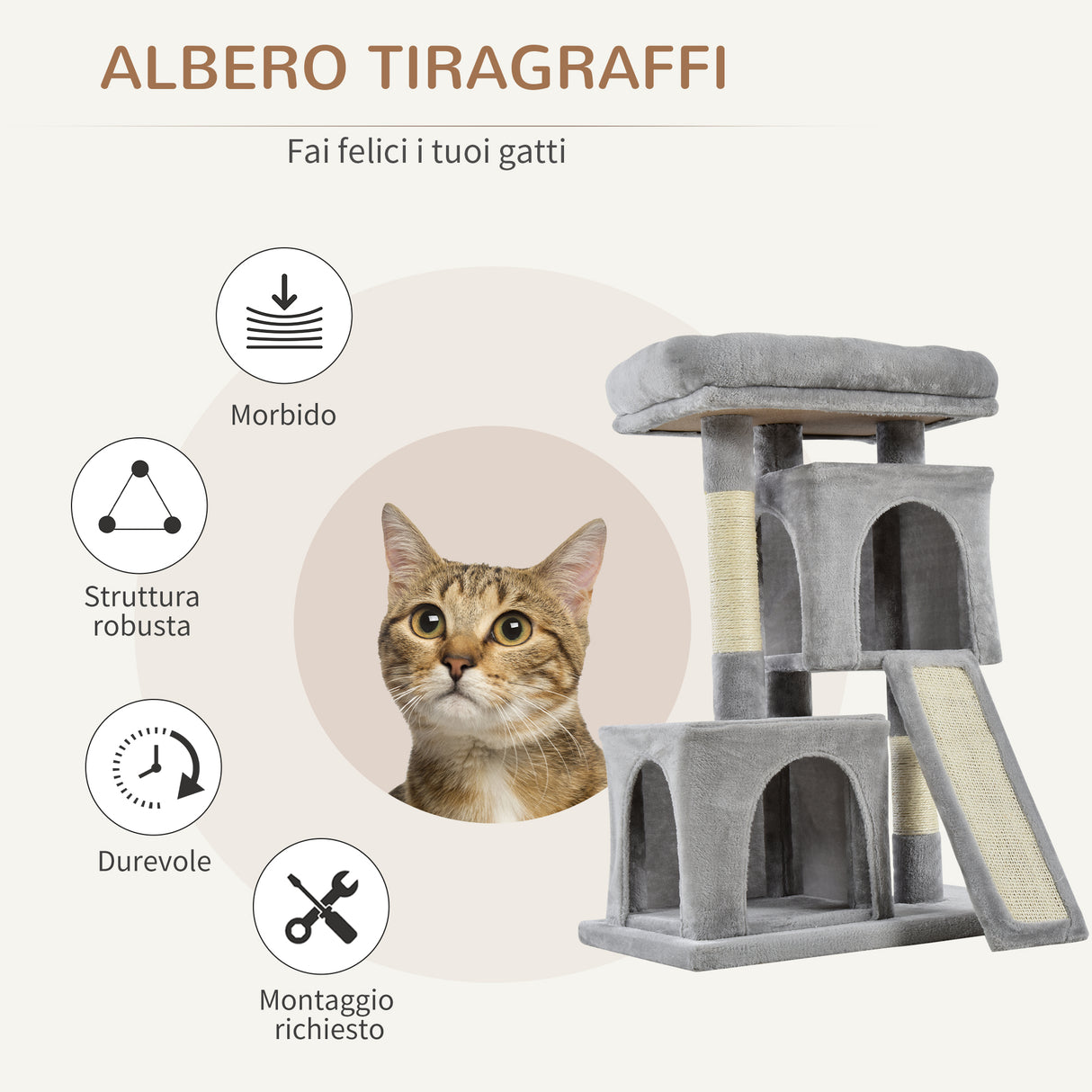 easycomfort easycomfort albero tiragraffi per gatti con pali in sisal lettino e 2 casette 59x39x83cm grigio