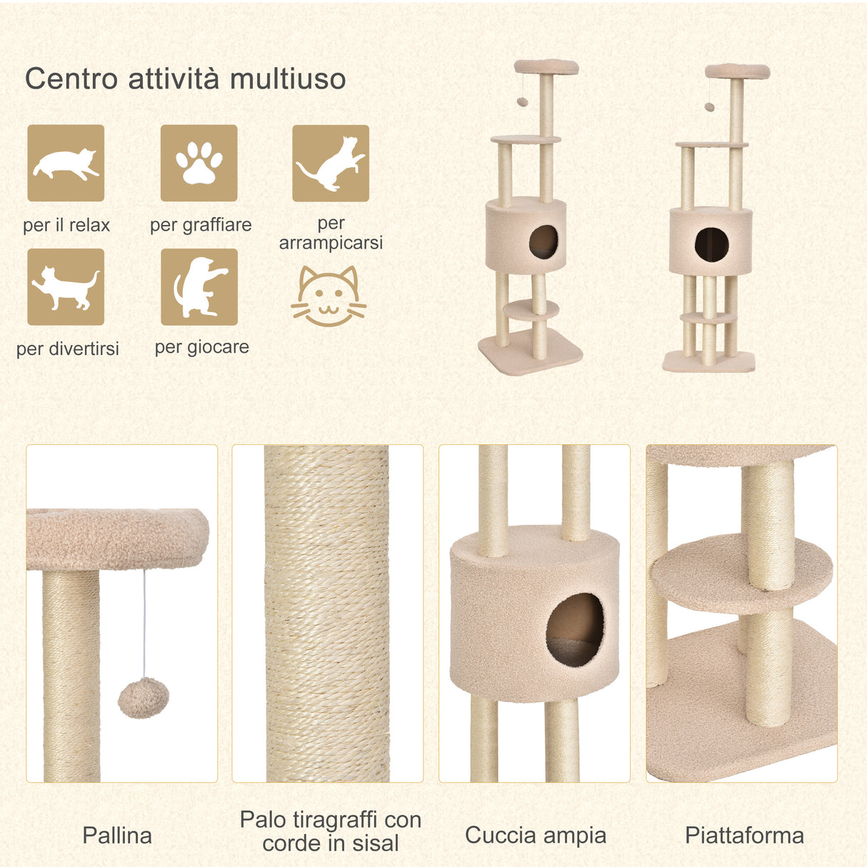 easycomfort easycomfort albero tiragraffi robusto per gatti con 5 livelli cuccia casetta giochi e corda sisal beige max 30kg ean 8054111847629