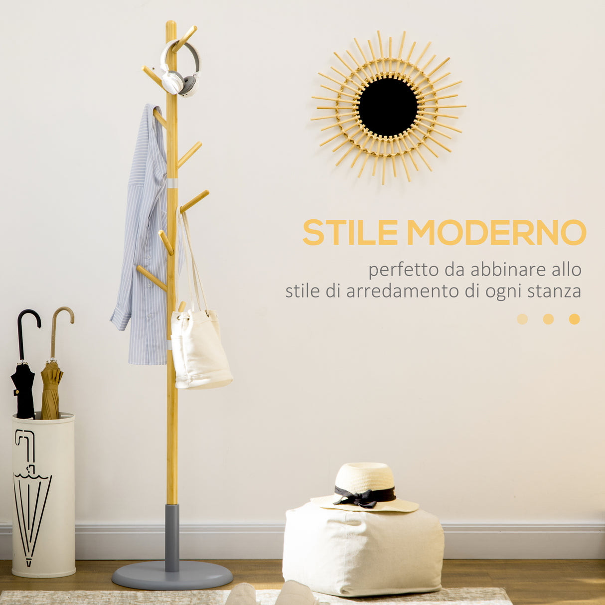 easycomfort easycomfort appendiabiti da terra per ingresso in mdf e bambu con 8 ganci e base rotonda in mdf 37 8x175 6 cm