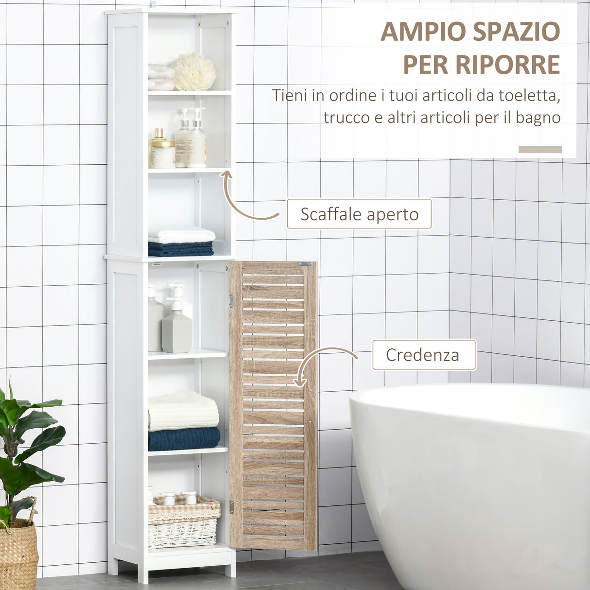 easycomfort easycomfort armadietto da bagno con 3 ripiani aperti e 3 ripiani chiusi regolabili in mdf 34x30x172cm