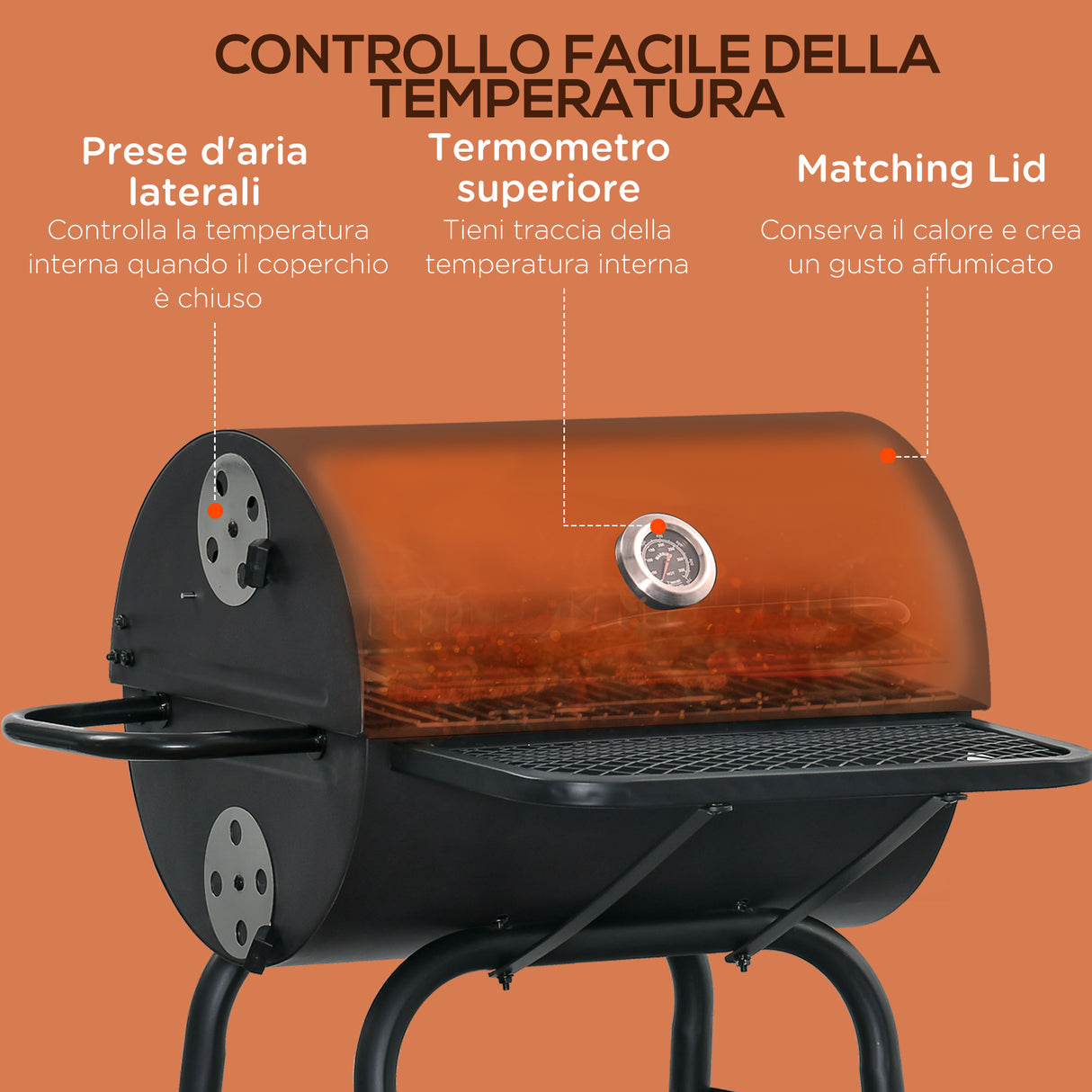 easycomfort easycomfort barbecue a carbone con coperchio termometro mensole e ruote 68x63x102cm nero
