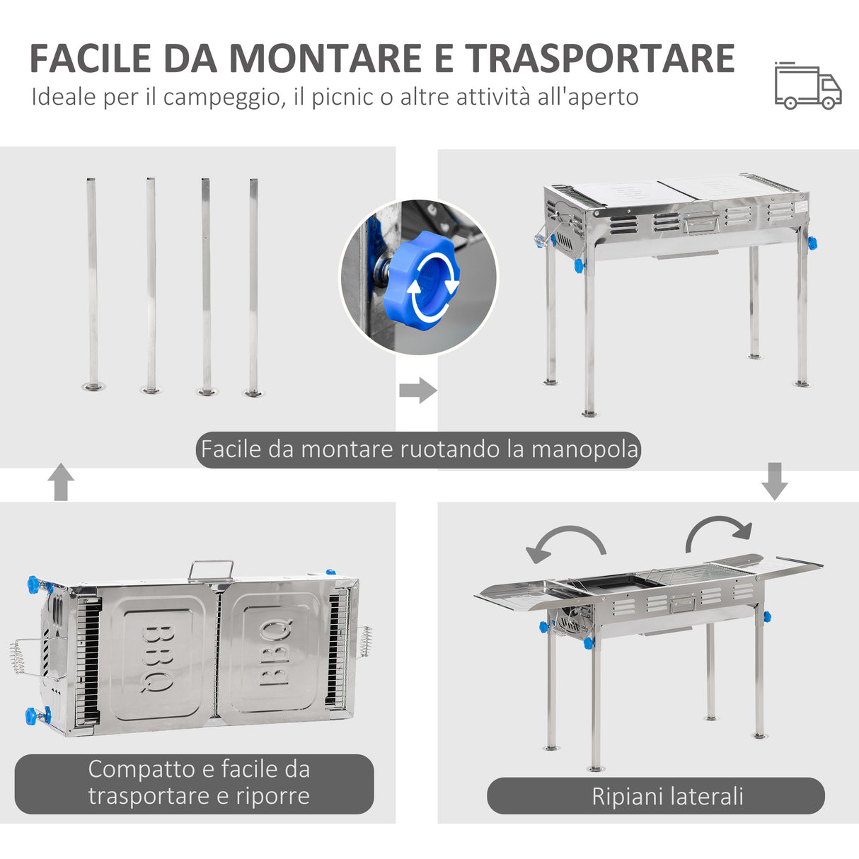easycomfort easycomfort barbecue a carbone in acciaio altezza regolabile e mensole laterali griglie e piastra 120x31x60 70cm