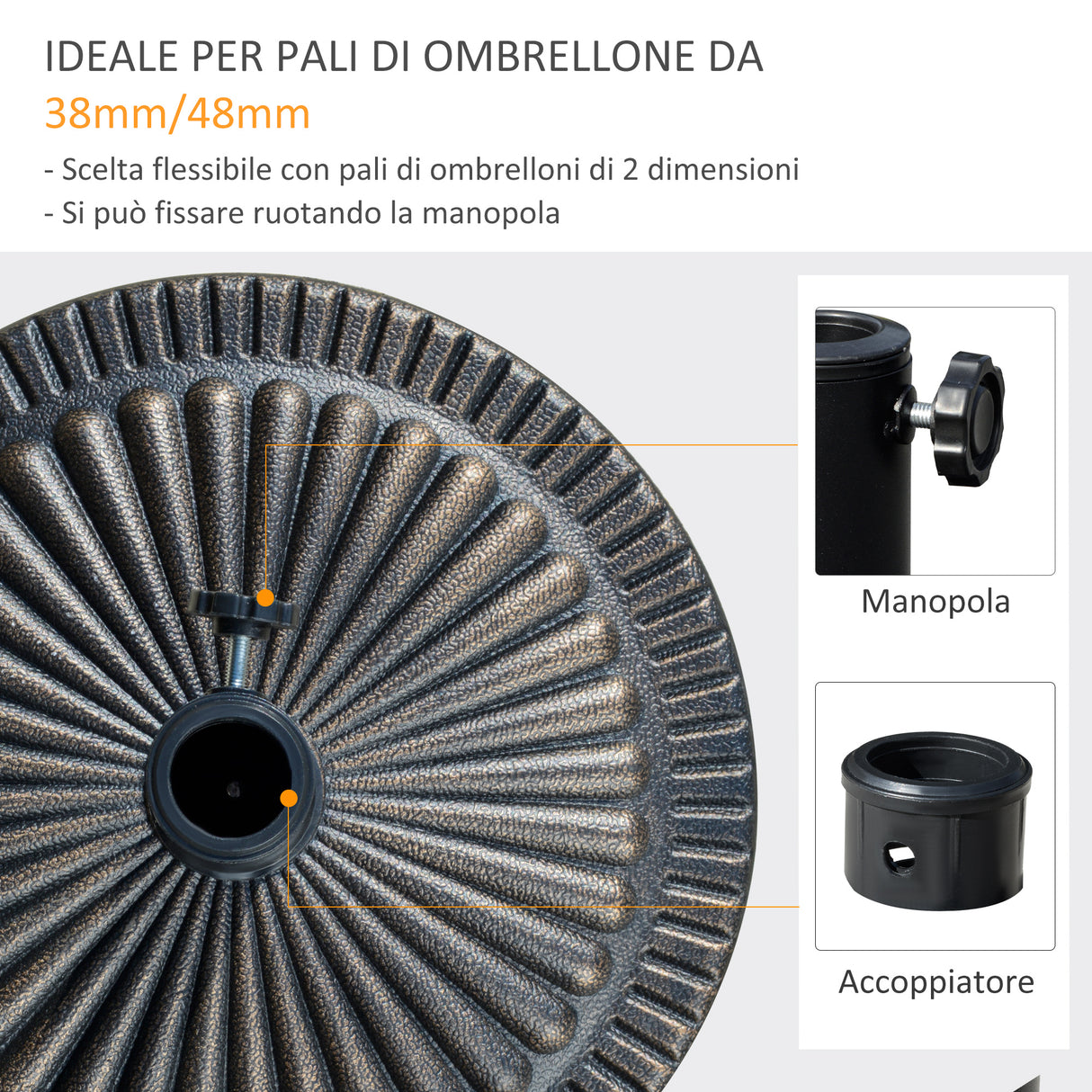 easycomfort easycomfort base per ombrellone rotonda da 14 28kg in resina con decorazione per pali da 38mm e 48mm 44x33cm bronzo