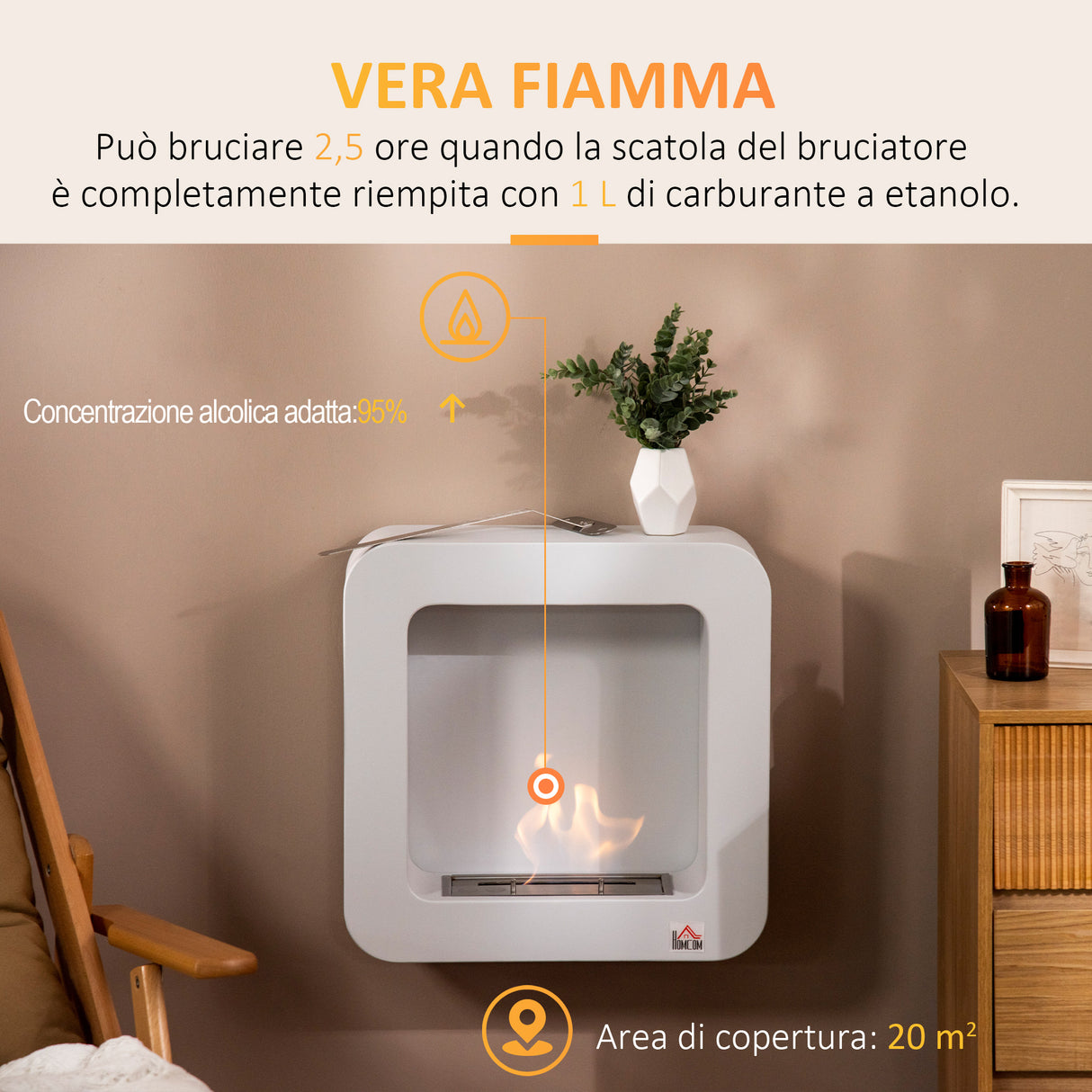 easycomfort easycomfort camino bioetanolo a parete in metallo da 2 5h di combustione con serbatoio 1 5l e copertura 20m 48x18x48 cm bianco