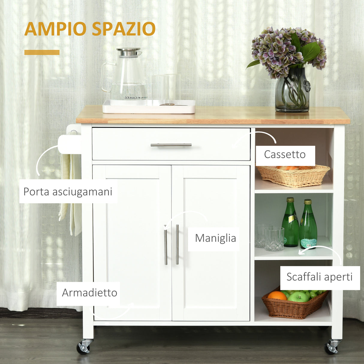 easycomfort easycomfort carrello con ruote salvaspazio penisola cucina in legno massiccio 1 cassetto 1 armadietto 3 ripiani e 4 ruote 107 5x48x89 cm