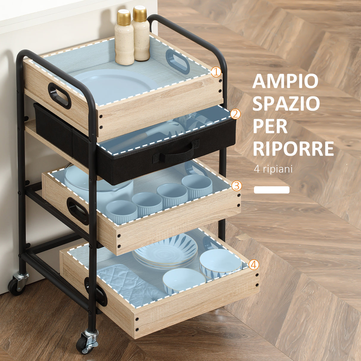 easycomfort easycomfort carrello da cucina a 4 livelli con cassetto e vassoi portavivande legno e acciaio 45x35x79 5cm