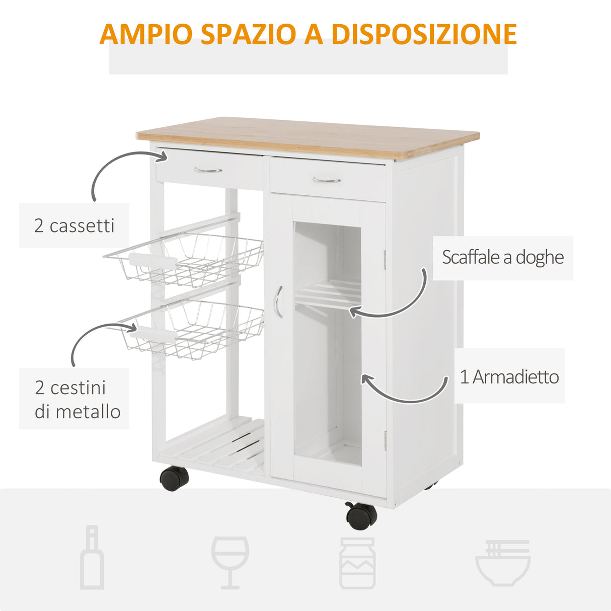 easycomfort easycomfort carrello da cucina con ruote cassetti e 2 cesti mobile da cucina salvaspazio in legno di pino bianco 70 x 37 x 85cm ean 8054144137285