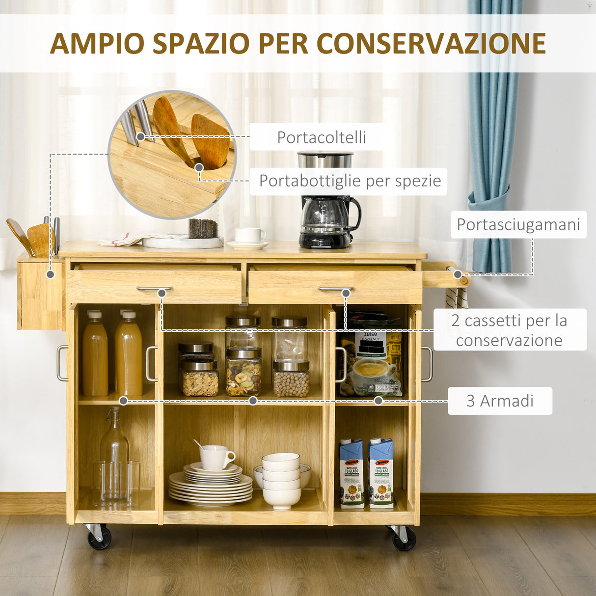 easycomfort easycomfort carrello da cucina in legno con cassetto armadietto e ruote 136x47x915cm