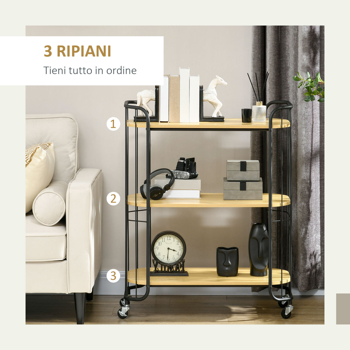 easycomfort easycomfort carrello da cucina multiuso a 3 livelli in truciolato e acciaio con maniglia e 4 ruote 79x38x95 cm